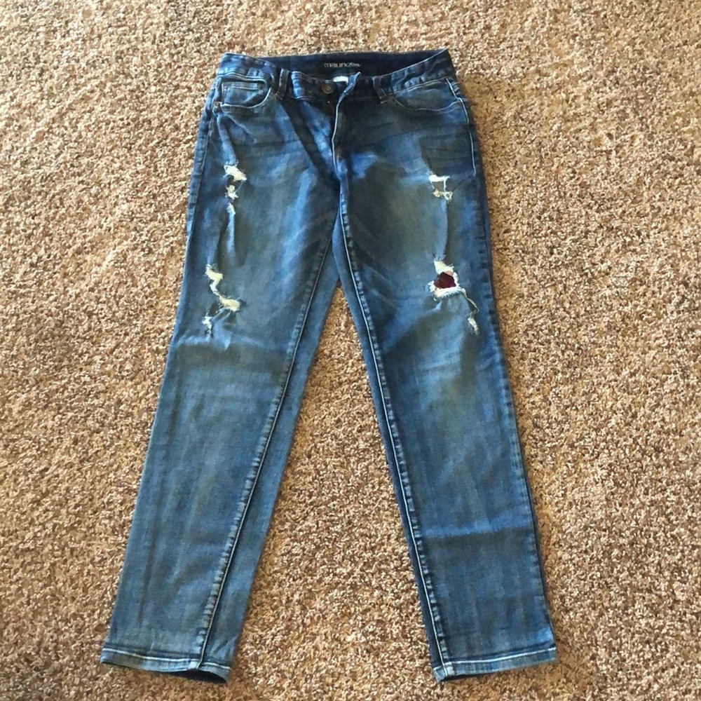 Maurice’s jeans. You can roll bottom or leave straight.